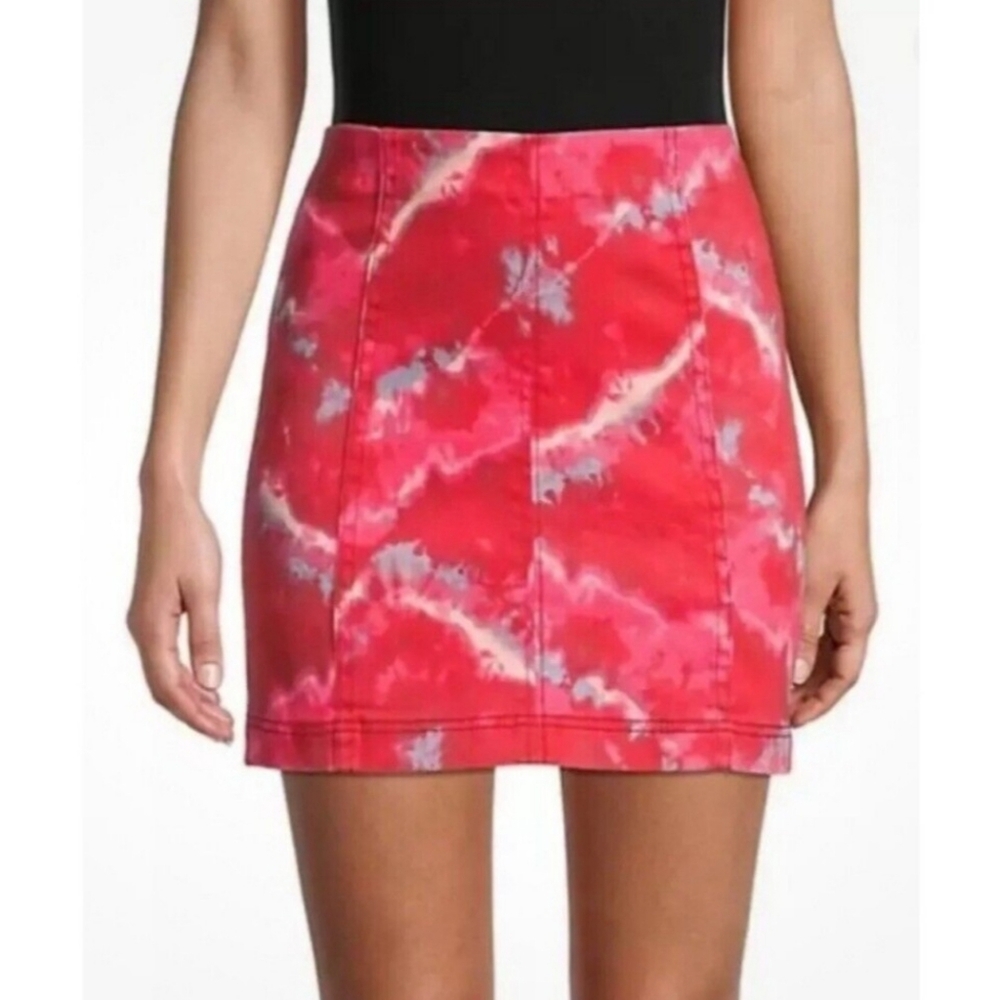 NWT Free People Femme Denim Mini Skirt Flamingo Flame Pink Red Tie-Dye/4